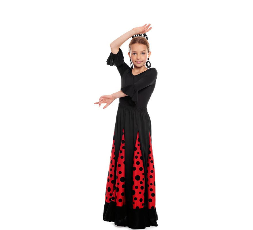 Falda Sevillana de Quillas negro y rojo con Lunar negro para niña