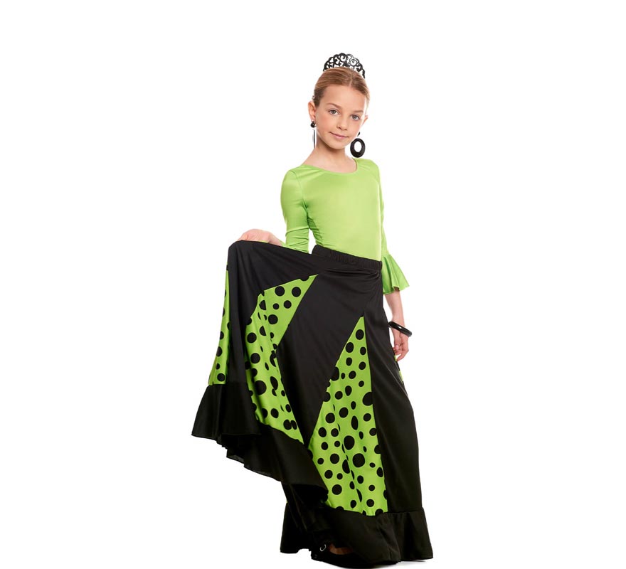 Falda Sevillana de Quillas negro y verde con Lunar negro para niña