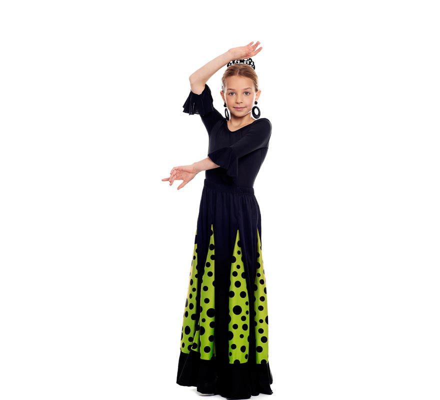 Falda Sevillana de Quillas negro y verde con Lunar negro para niña