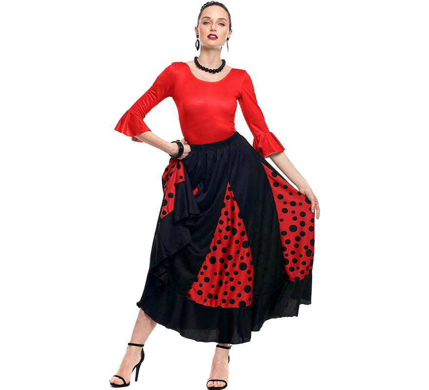 Falda Sevillana de Quillas negro y rojo con Lunar negro para mujer