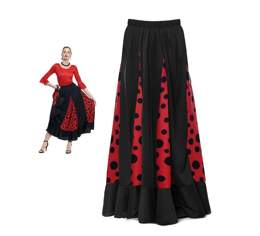 Falda Sevillana de Quillas negro y rojo con Lunar negro para mujer