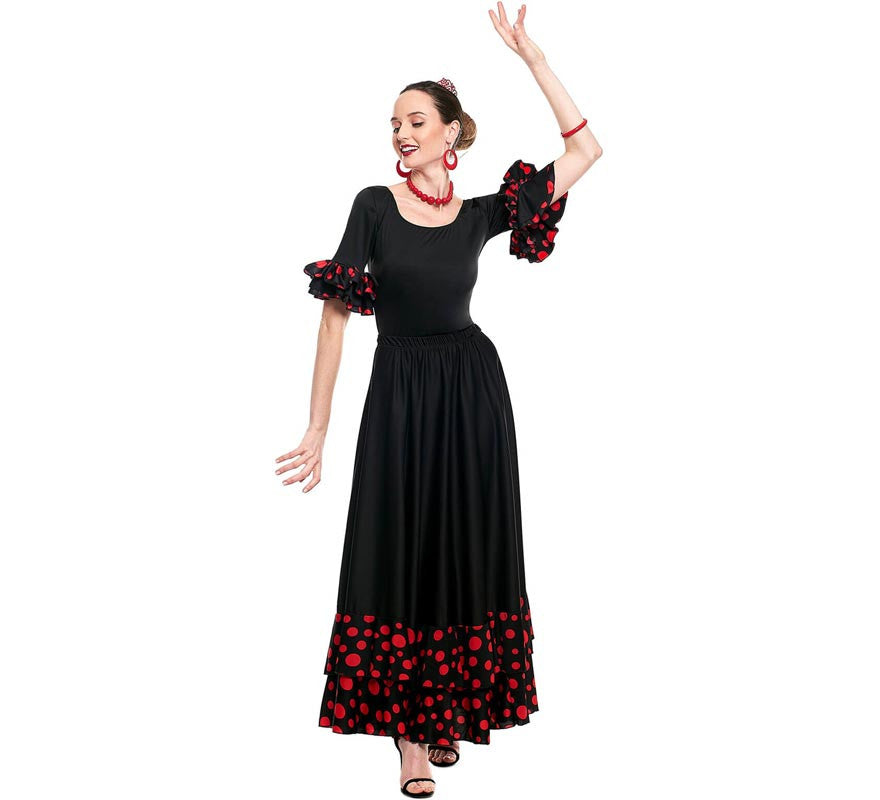 Translation missing: en.Falda Sevillana doble Volante con Lunar negro y rojo para mujer