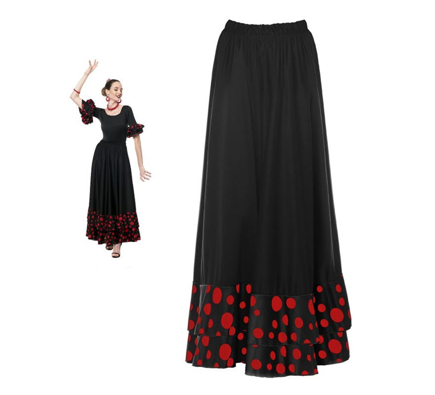 Translation missing: en.Falda Sevillana doble Volante con Lunar negro y rojo para mujer
