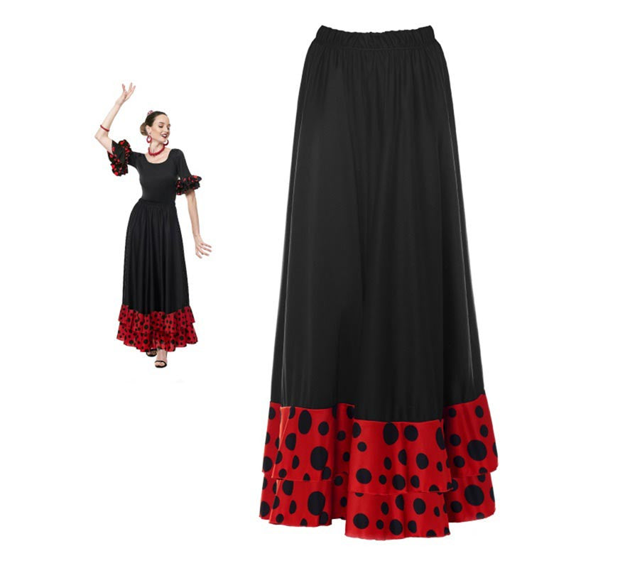 Translation missing: en.Falda Sevillana doble Volante con Lunar rojo y negro para mujer