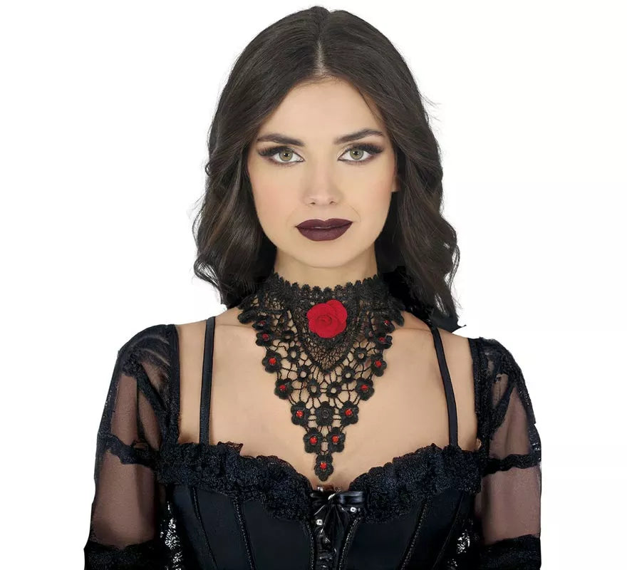 Gargantilla Bordada con rosa roja