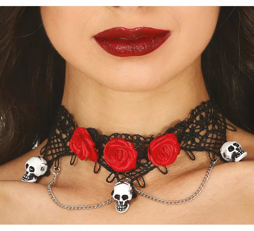 Translation missing: en.Gargantilla con Calaveras y Rosas Rojas