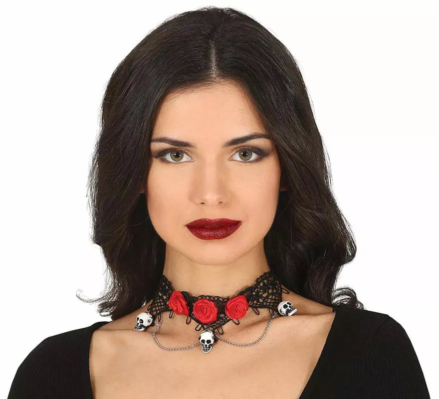 Gargantilla con Calaveras y Rosas Rojas