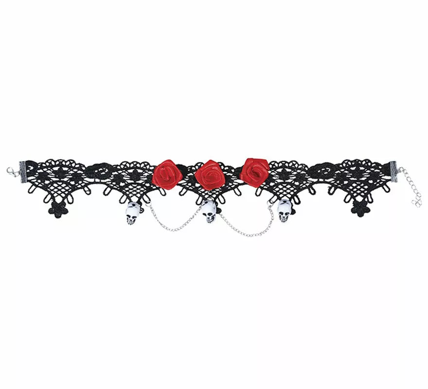 Gargantilla con Calaveras y Rosas Rojas