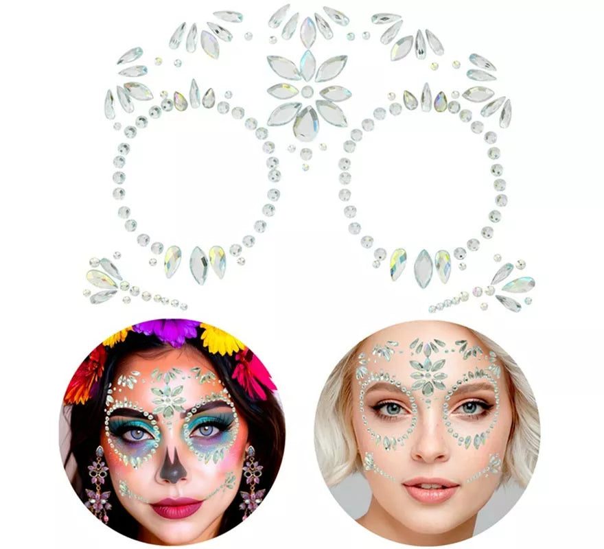 Gemas Faciales Adhesivas de Catrina Día de Los Muertos con Diamante