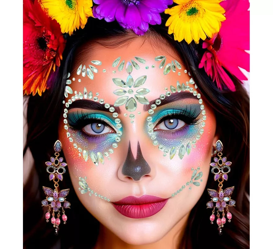 Gemas Faciales Adhesivas de Catrina Día de Los Muertos con Diamante