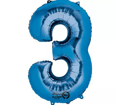 Blue metallic balloon number 3, 86 cm high