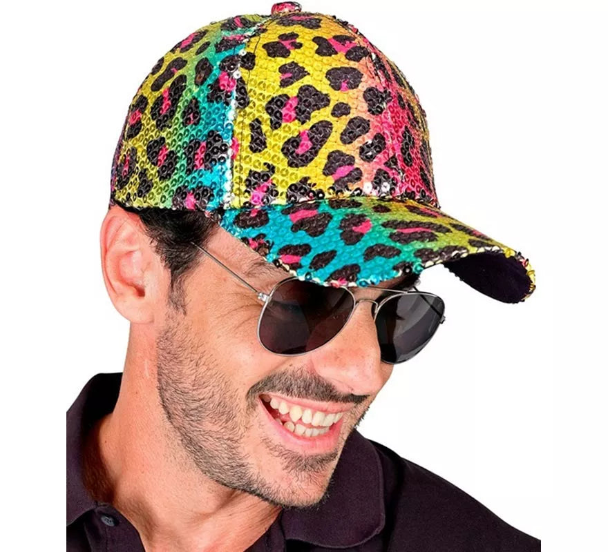 Gorra Animal Print Leopardo Arcoíris con Lentejuelas