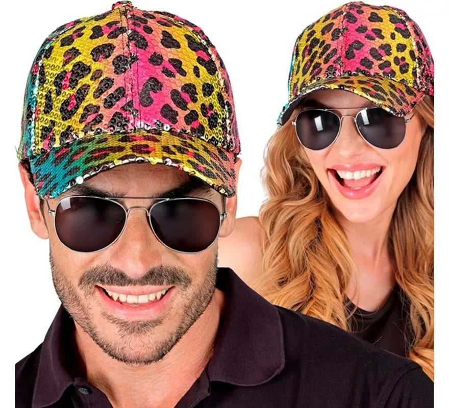Gorra Animal Print Leopardo Arcoíris con Lentejuelas