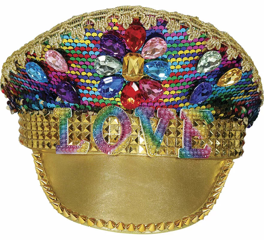 Gorra de Policía dorado Love con pedrería adulto
