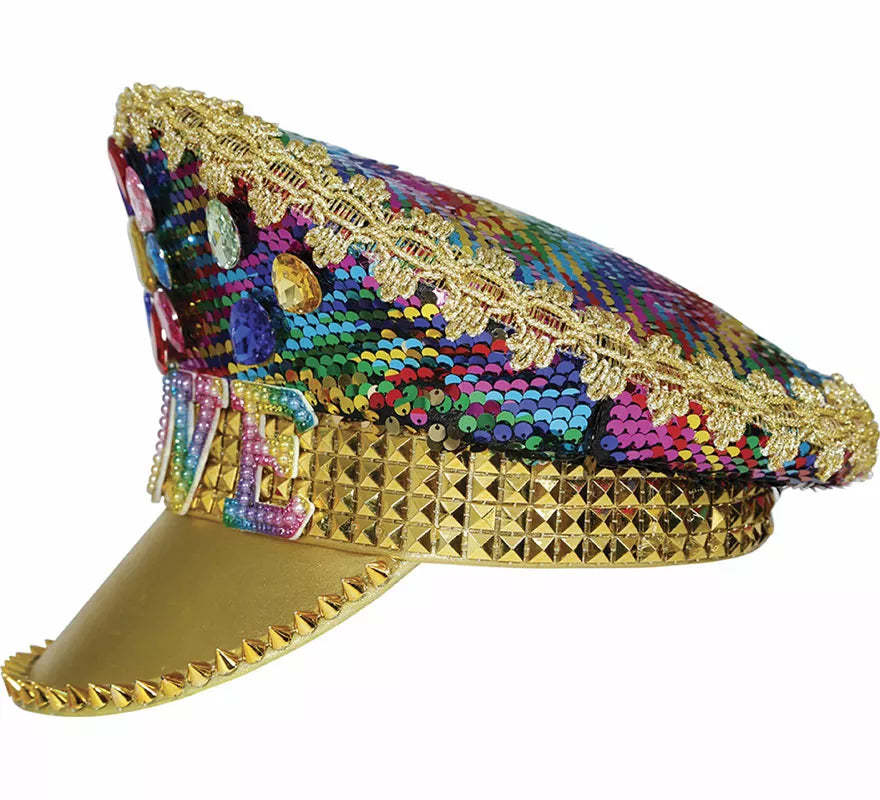 Gorra de Policía dorado Love con pedrería adulto