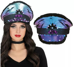 Purple Police Cap with Feathers for Adults