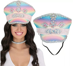 Multicolored Police Cap with Pink Ribbon for Adults