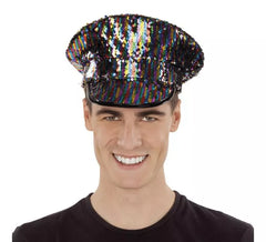 Black Police Cap with Rainbow Sequins