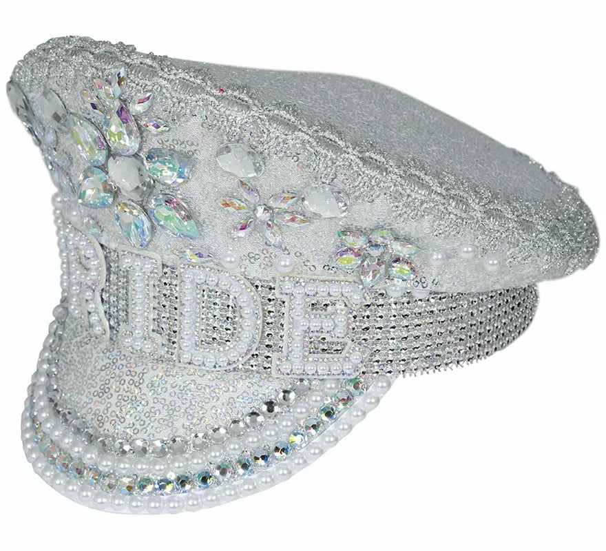 Gorra de Policía plateado Bride con pedrería adulto