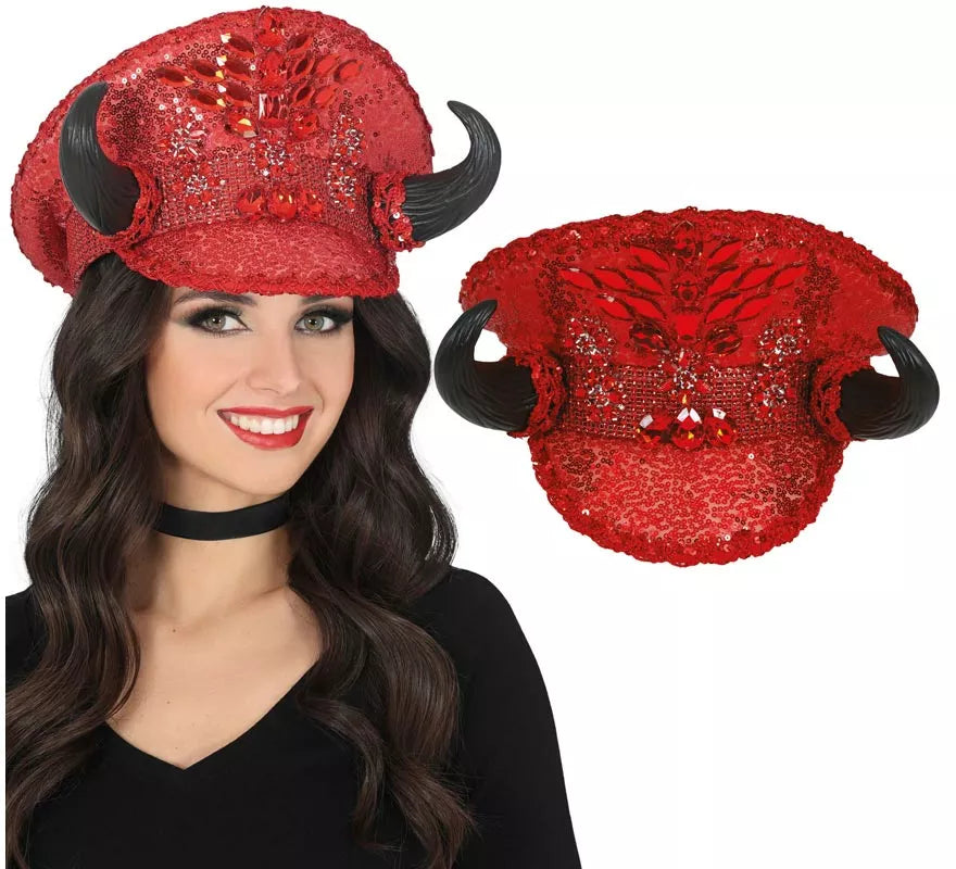 Gorra de Policía roja con Cuernos adultos