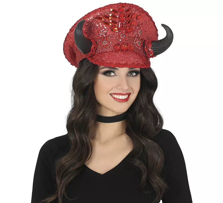Gorra de Policía roja con Cuernos adultos