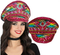 Pink Police Cap with Multicolored Rhinestones for Adults