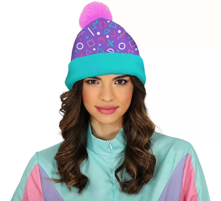 Gorro de Lana turquesa y rosa años 80 adulto