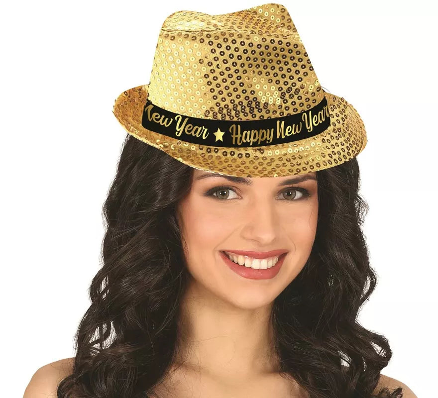 Translation missing: en.Gorro Gánster Happy New Year Lentejuelas dorado
