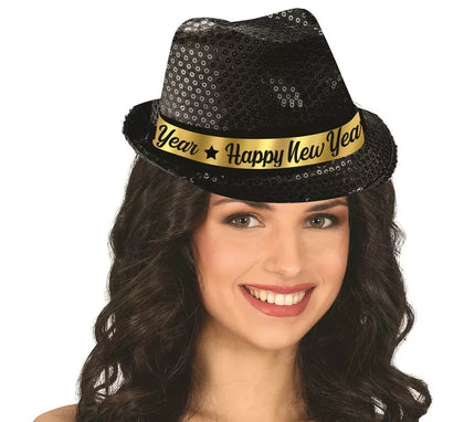 Gorro Gánster Happy New Year Lentejuelas negro