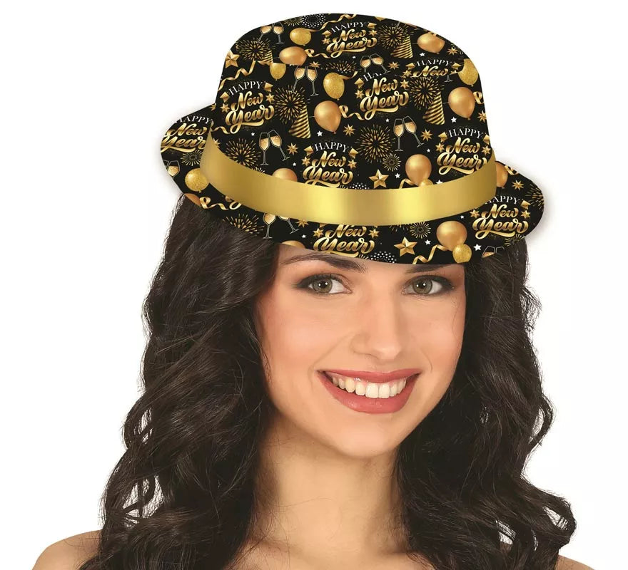 Gorro Gánster Happy New Year negro y dorado