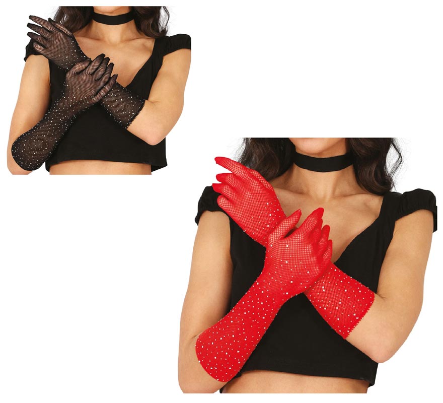 Translation missing: en.Guantes de Malla con pedrería en varios colores de 30 cm adulto