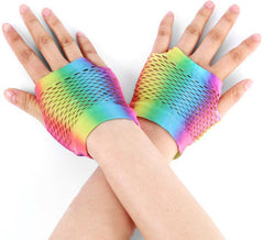 Rainbow Gradient Short Fishnet Fingerless Gloves