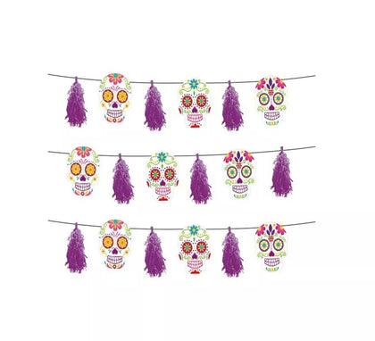 Guirnalda de Día de los Muertos morado con fleco de 3 m