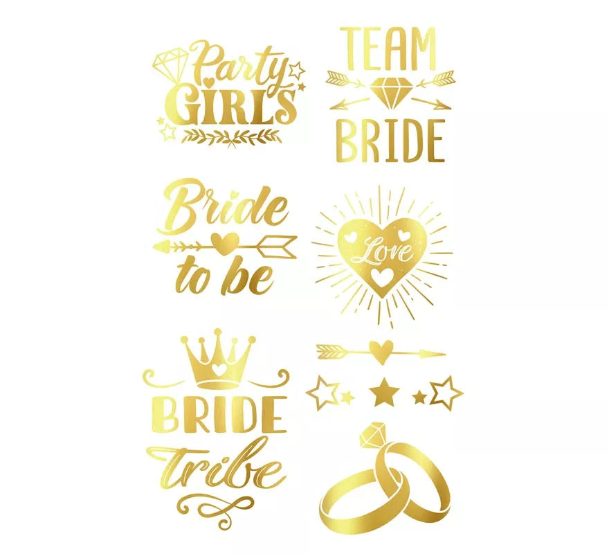Hoja de Tatuajes dorados Bride To Be de 14x30 cm