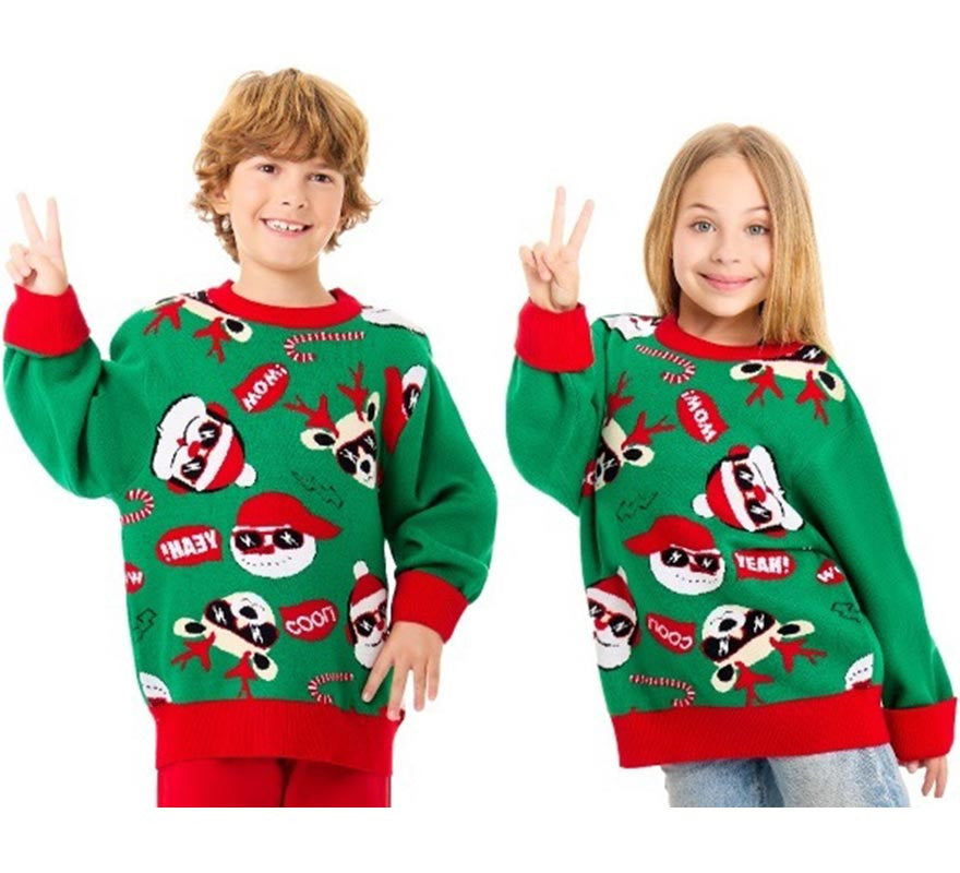 Jersey de Navidad Papá Noel Cool verde y rojo para niños