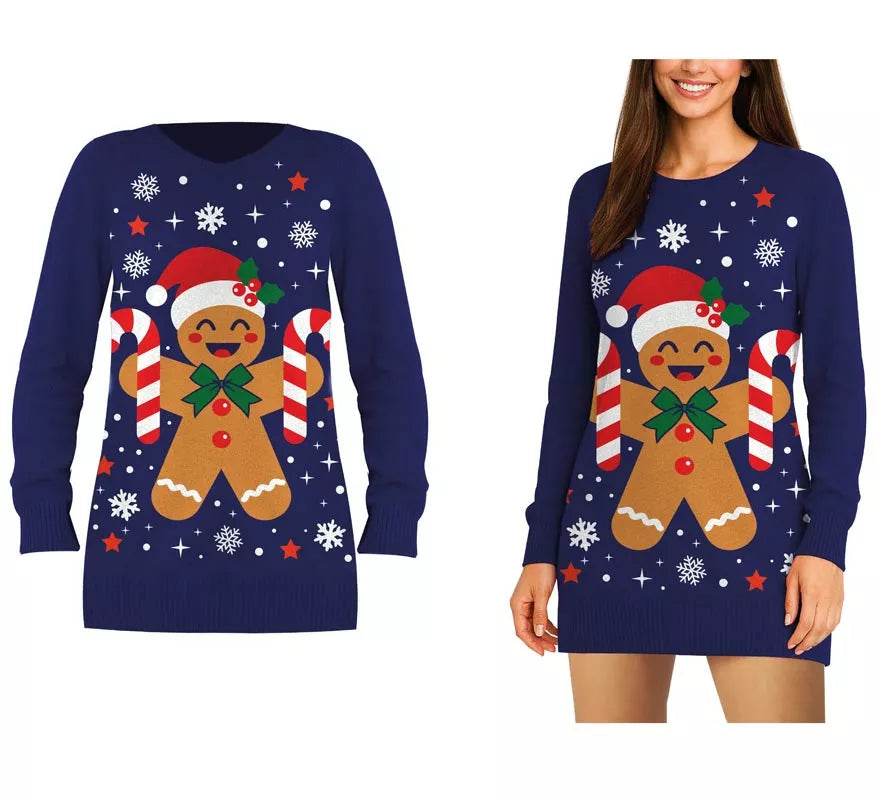 Jersey Largo Navideño de Muñeco de Jengibre para mujer