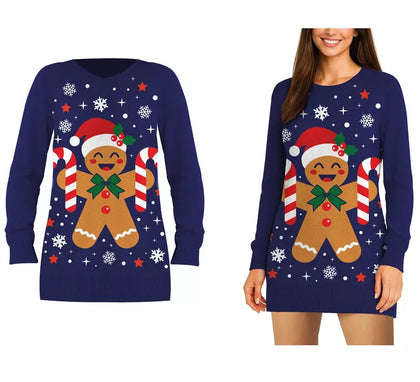 Jersey Largo Navideño de Muñeco de Jengibre para mujer