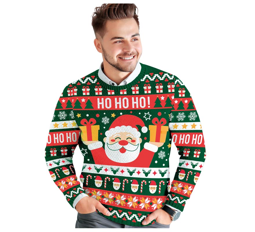 Jersey Navidad Ho Ho Ho verde y rojo para hombre