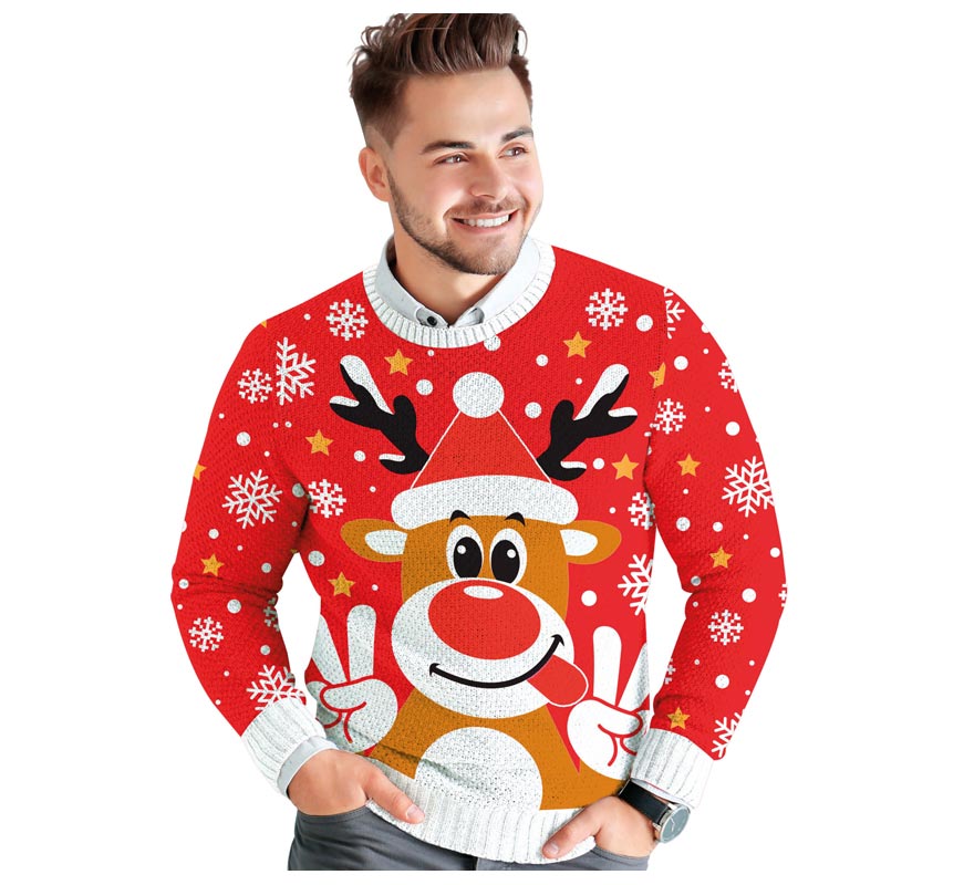Jersey Navidad Reno Feliz rojo para hombre