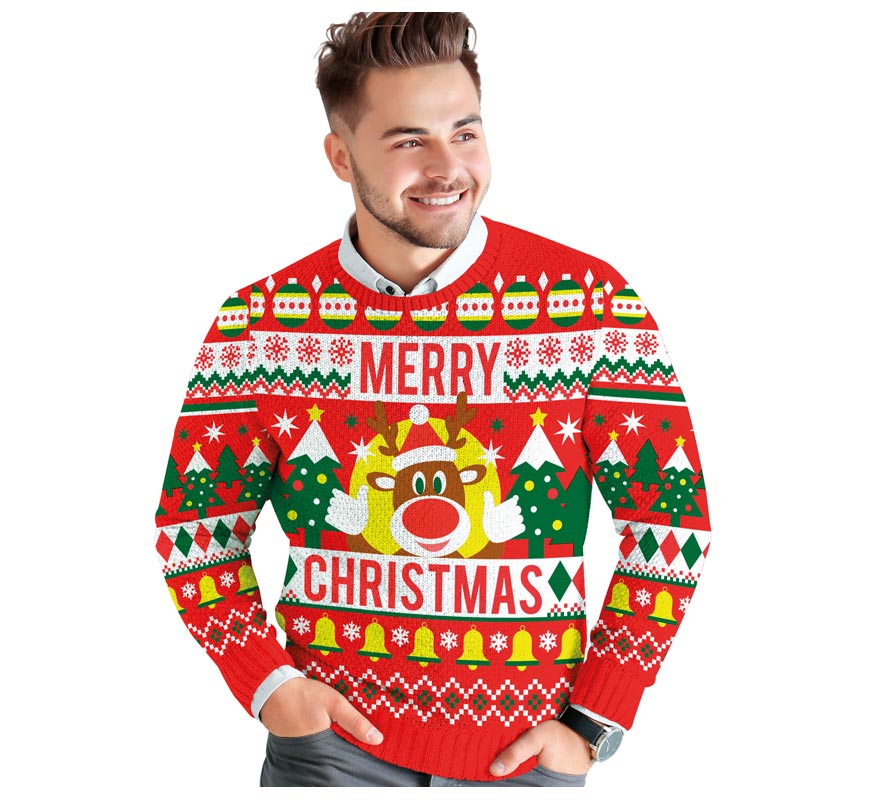 Translation missing: en.Jersey Navidad Reno Merry Christmas rojo para hombre