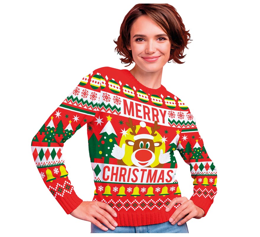 Jersey Navidad Reno Merry Christmas rojo para mujer