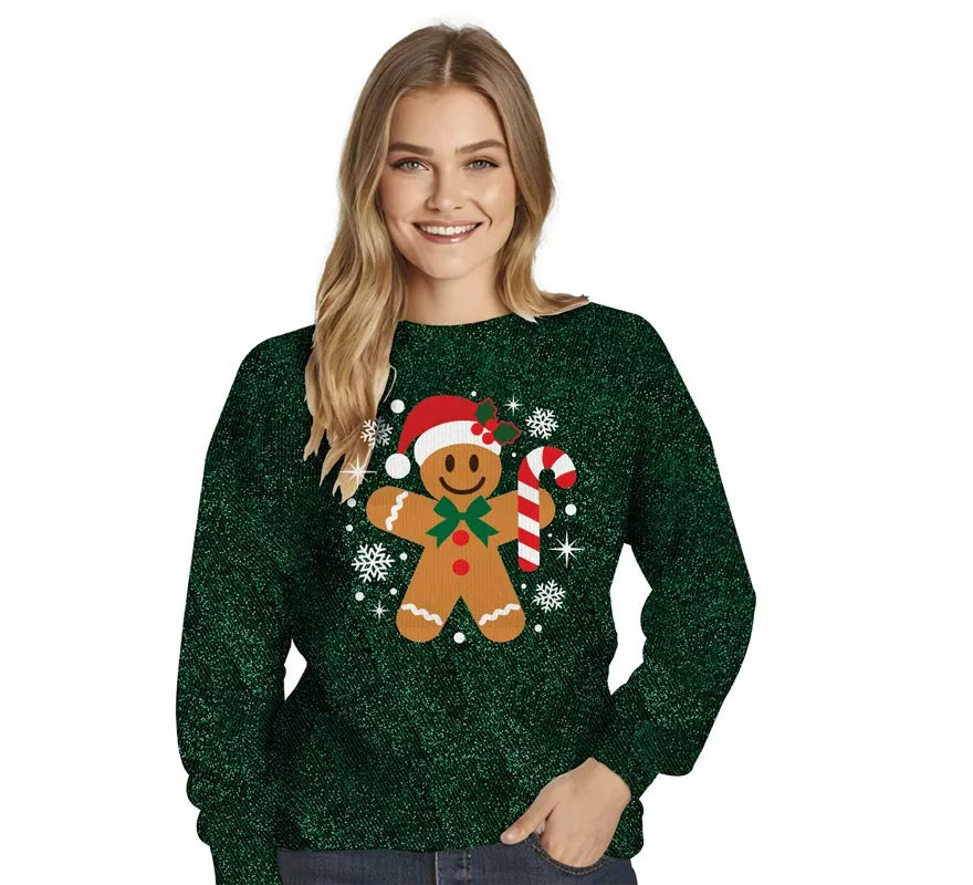 Translation missing: en.Jersey Navideño de Muñeco de Jengibre con Purpurina para mujer