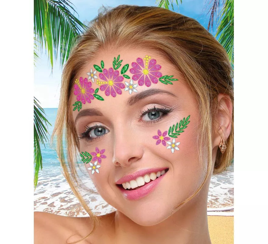 Joyas Faciales Flores rosa y verde