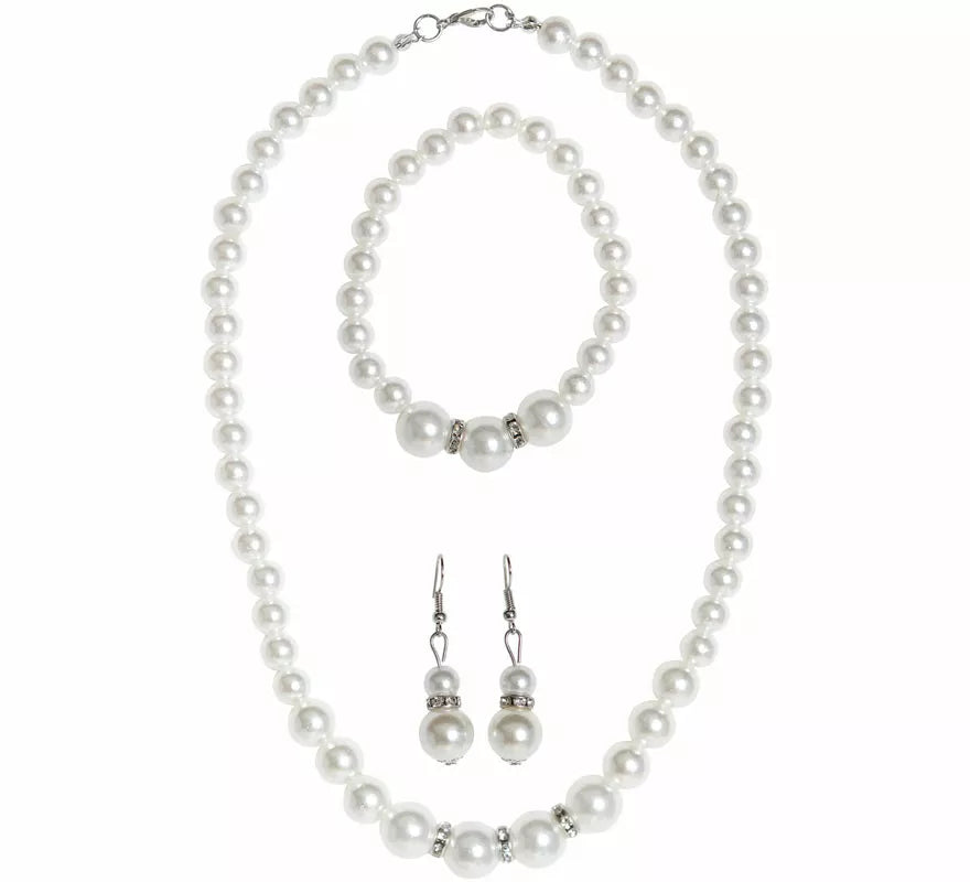 Kit Años 20: Collar de Perlas Strass, Pendientes y Brazalete