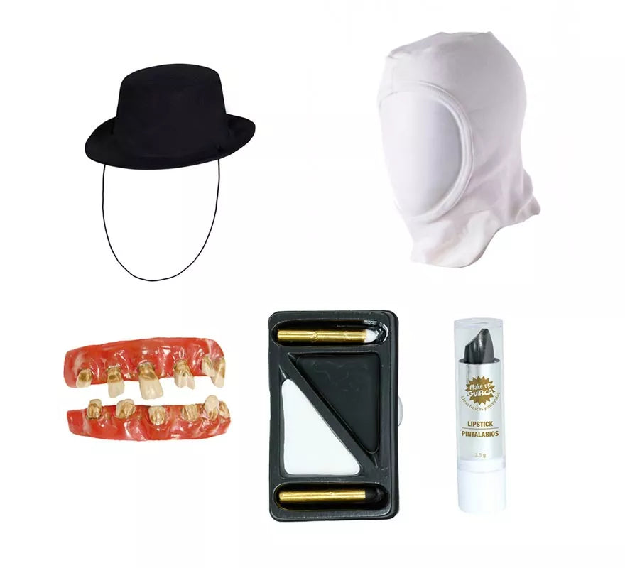 Kit Asesino Bufón: Sombrero, capucha, dientes, maquillaje y pintalabios
