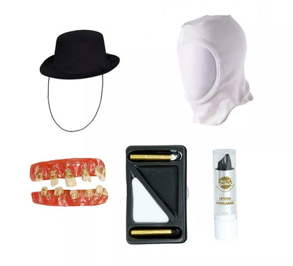 Kit Asesino Bufón: Sombrero, capucha, dientes, maquillaje y pintalabios