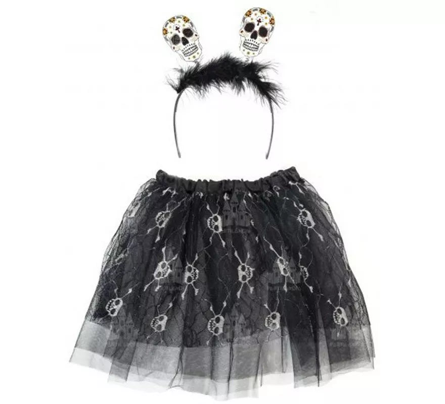 Kit Calaveras Blanco y Negro Infantil: Tutú y Diadema