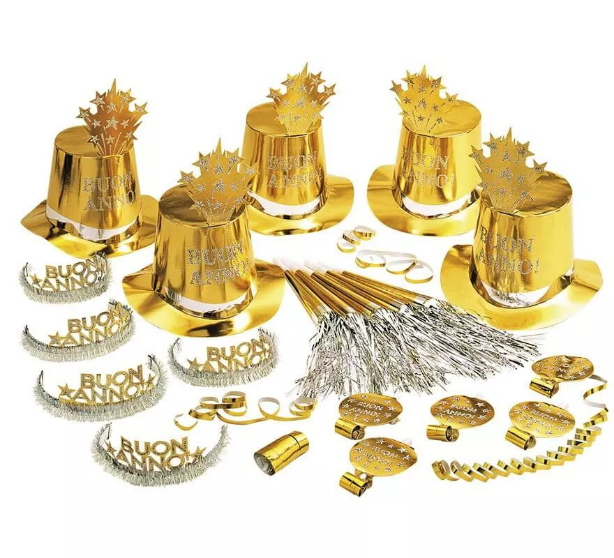 Kit Cotillón Buon Anno Dorado para 10 personas