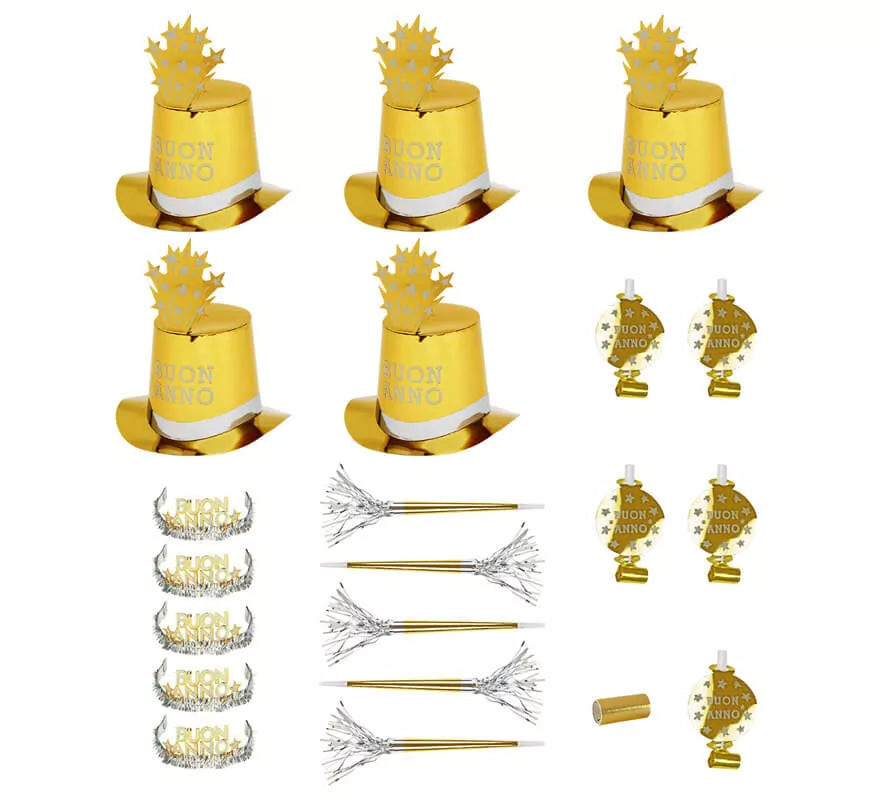 Kit Cotillón Buon Anno Dorado para 10 personas