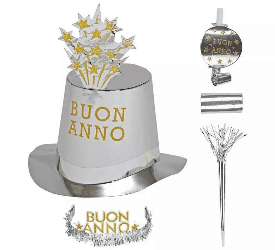 Kit Cotillón Buon Anno Plateado para 10 personas